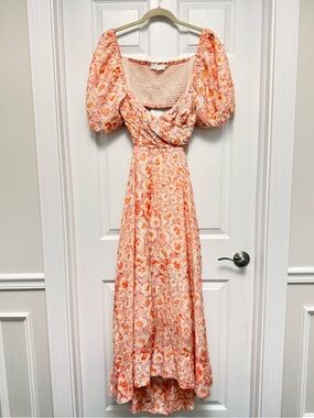 ASTR the Label Floral Maxi Dress Open Back Puff Sleeve Pink XL